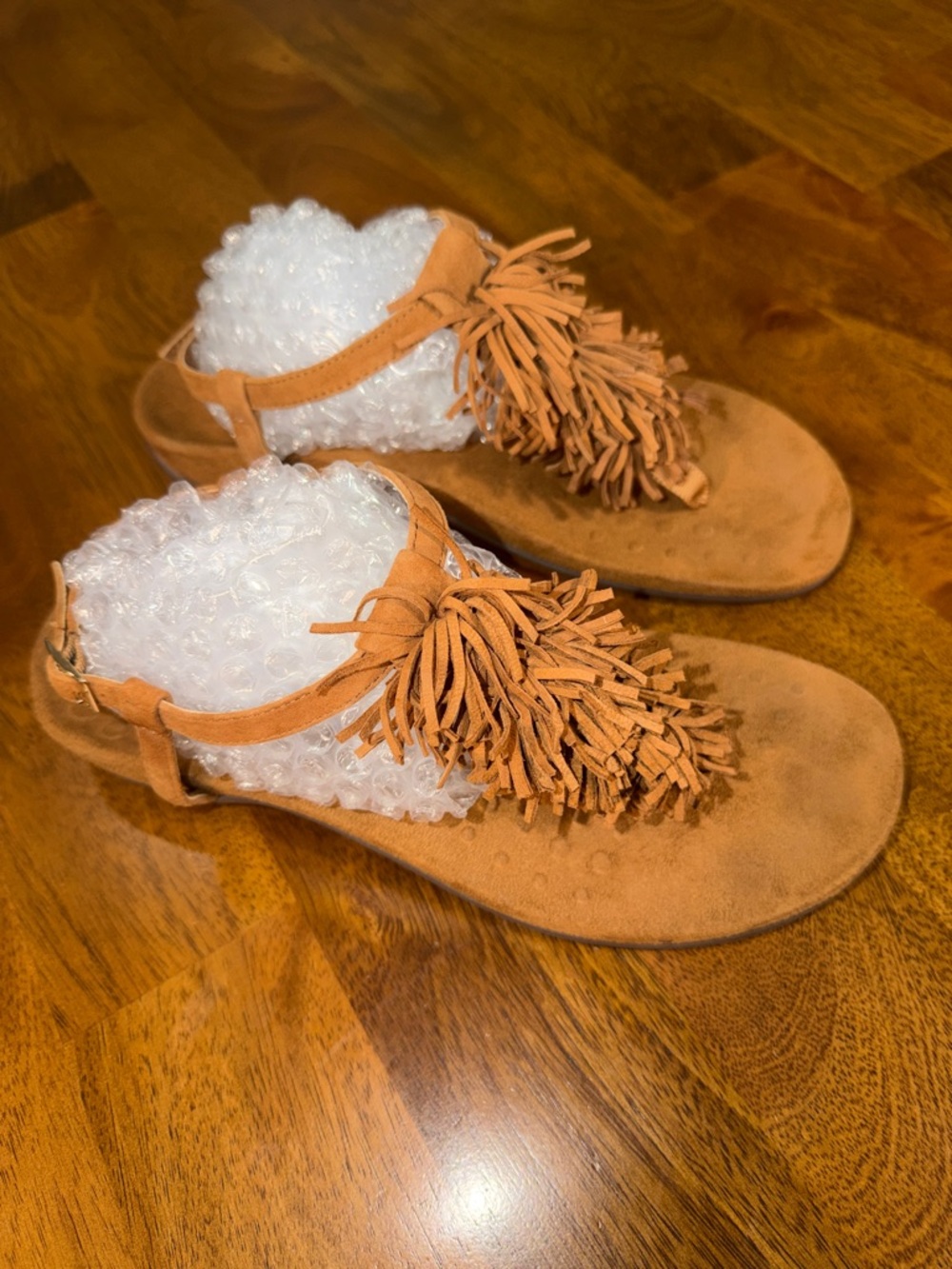 Vionic Tan Suede Fringe T-Strap Sandals with Tassel Accent